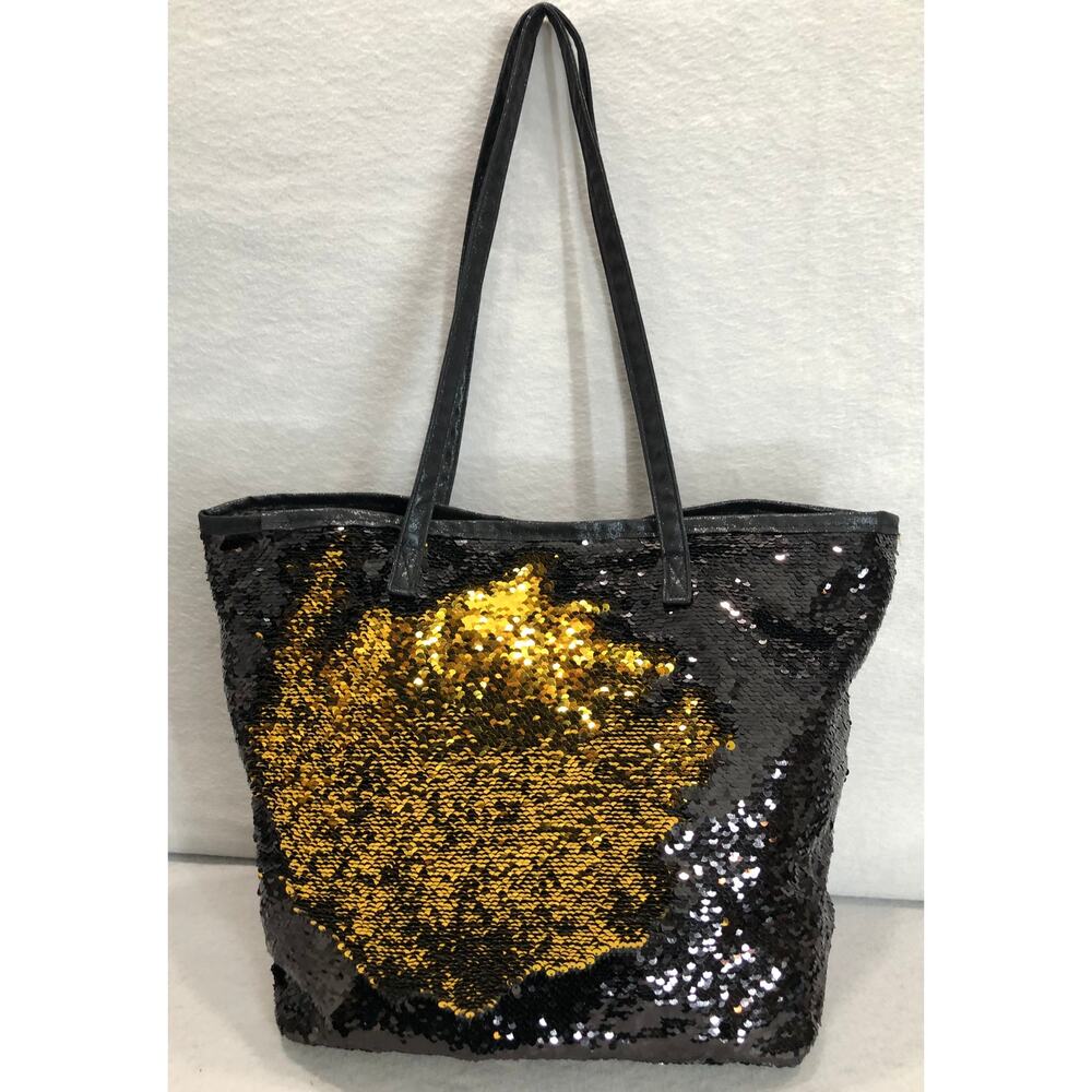 90s Y2K Retro Style Black Sequin Tote Bag Whimsical Gold Crown Logo & Pouch - Picture 10 of 15